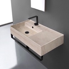 Beige Travertine Design Ceramic Wall Mounted Sink With Black Towel Bar